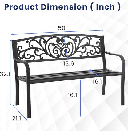 Black Metal Garden Bench, Antique Outside Bench, 50" Seat for 2 People, Durable Iron Frame for Park Yard Porch Outdoors Chair