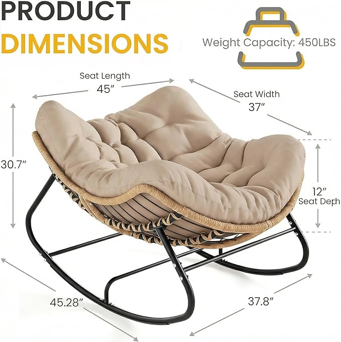 Oversized Papasan Rocking Chair Outdoor, Comfy Patio Papasan Egg Rocker with Thick Cushion for 450 lbs - Photo 2