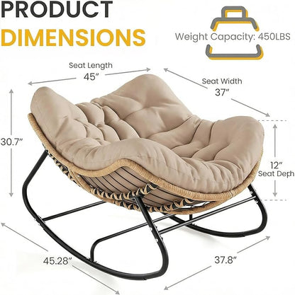 Oversized Papasan Rocking Chair Outdoor, Comfy Patio Papasan Egg Rocker with Thick Cushion for 450 lbs, Indoor Wicker Lounge Reading Chair for Balcony, Living Room, Porch, Garden -Cream