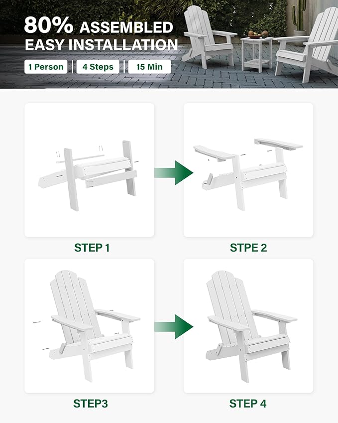 MXIMU Folding Adirondack Chair for Outdoor: Easy to Assemble and Comfortable Adirondack Chairs Set of 6 - All Weather Composite Plastic Chair for Outside Fire Pit Patio Lawn Garden Backyard Use(White)