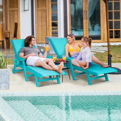 Outdoor Chaise Lounge Chair with Textilene Surface, 5-Position Adjustable Patio Lounge Chair with Wheels & Cup Holder, HDPE Pool Lounge Chair for Outside, Poolside & Beach (Aruba, 1)