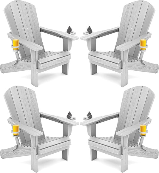 SERWALL Adirondack Chair with Cup Holders - Composite Adirondack Chairs Set of 4 HDPE Outdoor Chairs All Weather Use- Silver Gray