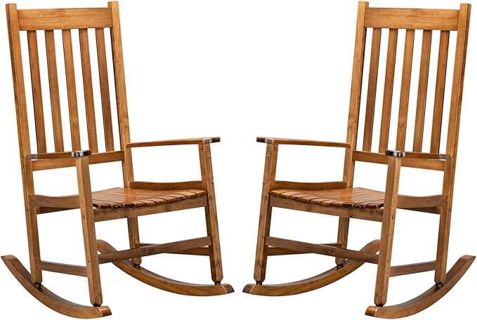 Square Wooden Rocking Chair Classic Comfort Durable Solid Wood Frame Easy Assembly Relaxing Morning Coffee & Conversations for Indoor Outdoor Front Porch Backyard Lawn Garden Original Color