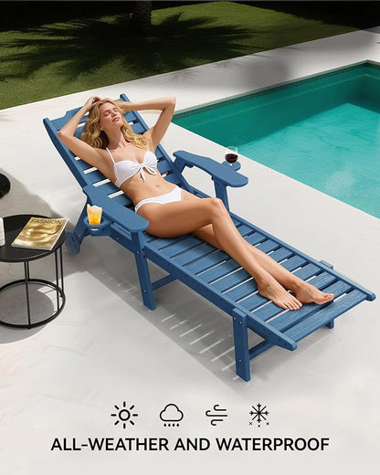 Carauci Lounge Chair Outdoor, HDPE Chaise Lounge with Wheels, 5-Position Adjustable Backrest & 2 Cup Holders Patio Lounge Chair, All-Weather Pool Sun Lounger for Poolside, Backyard, Blue
