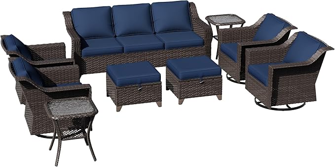9 Pieces Patio Conversation Furniture Set - 1 Sofa, 2 Ottomans, 4 Swivel Chairs, 2 Side Tables - Photo 8