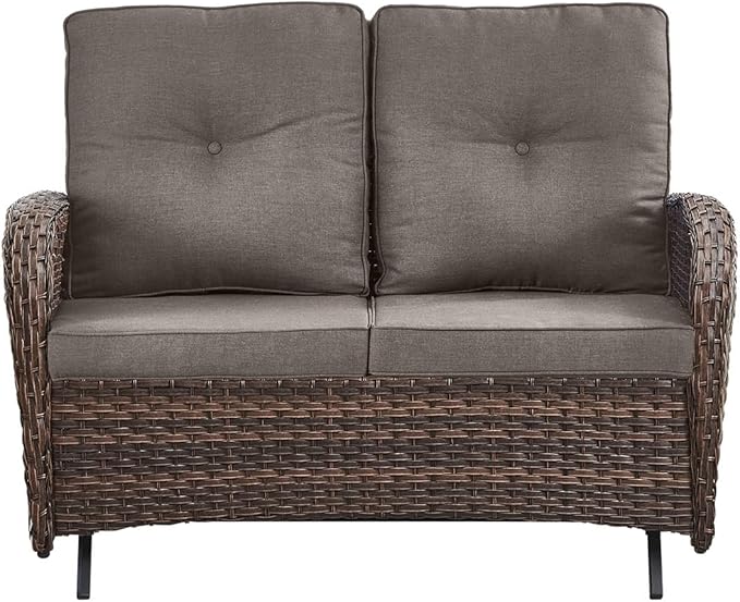 Outdoor Glider Bench-2 Seater Patio Glider Loveseat with High Back and Deep Seating Outdoor Couch for Deck Porch Garden Balcony Poolside-Brown/Grey