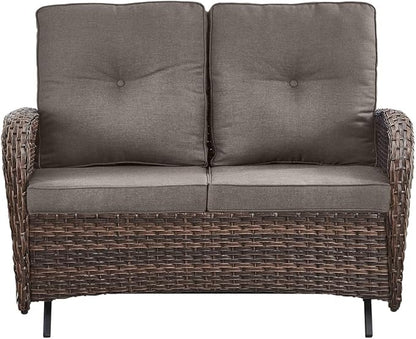 Outdoor Glider Bench-2 Seater Patio Glider Loveseat with High Back and Deep Seating Outdoor Couch for Deck Porch Garden Balcony Poolside-Brown/Grey
