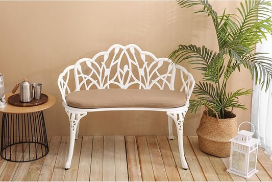 Patio Garden Bench Metal Cast Aluminum Outdoor Furniture with Floral Rose White Weather-Resistant Decor Porch & Yard