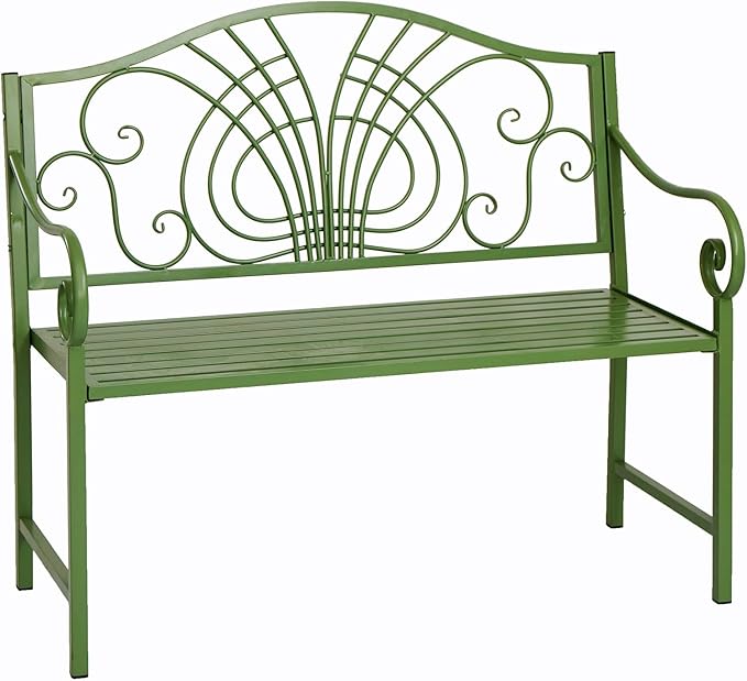 Green Metal Garden Bench, Outdoor Patio Bench with Elegant Backrest Design, Weather Resistant, 2-Person Seating, for Lawn, Park, Patio, Max Load 660 LBS