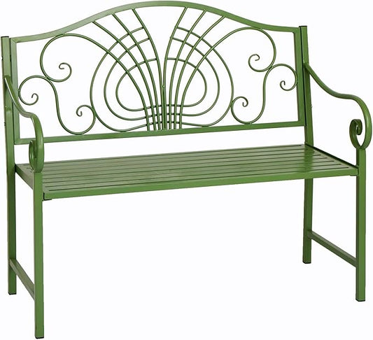 Green Metal Garden Bench, Outdoor Patio Bench with Elegant Backrest Design, Weather Resistant, 2-Person Seating, for Lawn, Park, Patio, Max Load 660 LBS