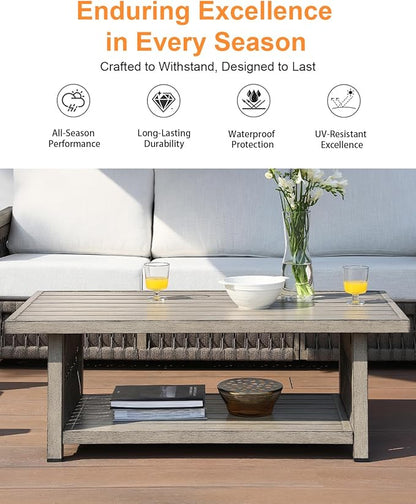 Outdoor Coffee Table, Never Rusts Aluminum Rope Weave Patio Coffee Table, Weatherproof 2-Tier Rectangle Outdoor Patio Table with Adjustable Feet for Garden, Pool, Outside, Decks, Gray Oak