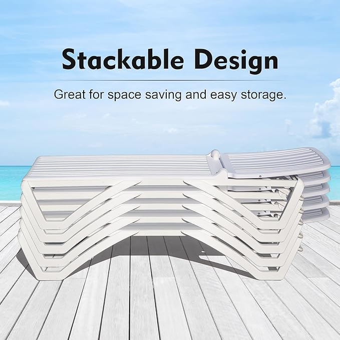 Domi Outdoor Chaise Lounge, Pool Lounge Chair Plastic Adjustable Recliner in-Pool Lounger Tanning Lounge Chair with Table for in-Pool, Beach, Poolside, Lawn, White