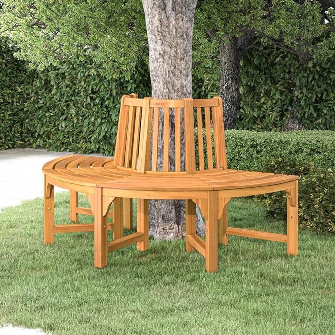 BOWERY HILL Half Round Solid Eucalyptus Wood Tree Bench, Reddish Brown Oil Finish, Circular Outdoor Garden Bench for 3 People, Weather Resistant Patio Seating with Rustic Design, 63 x 31.5 x 36.2 in