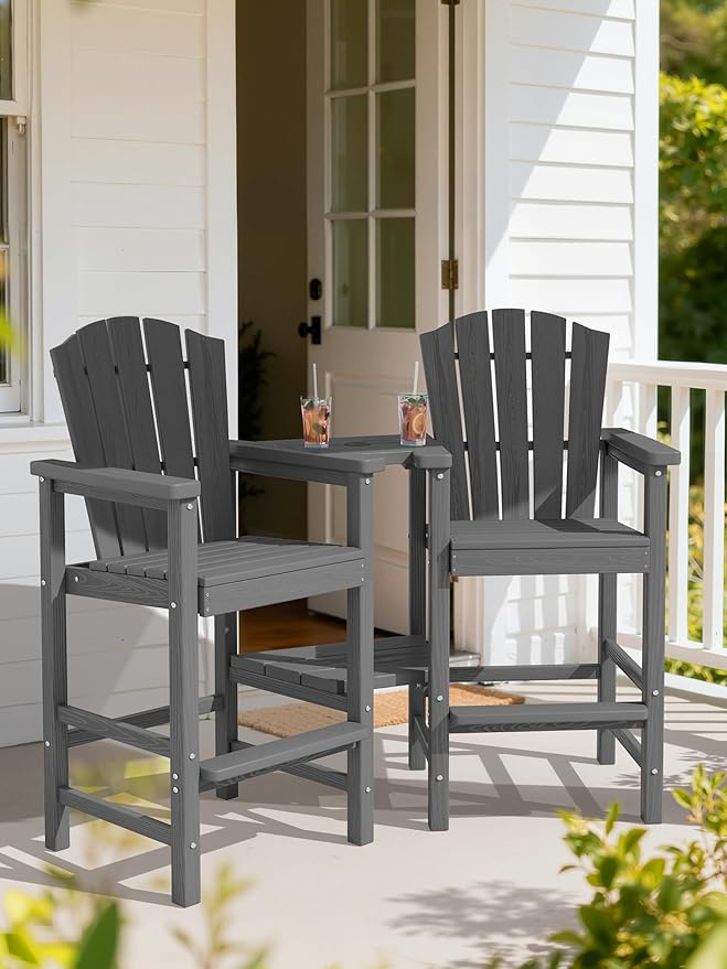 KINGYES Tall Adirondack Chairs Set of 4, All Weather Embossed Balcony Height Chair with Double Connecting Trays, Tall Poly Adirondack Chair, High Airondack Chair with Wood Grain, Backyard, Deck, Gray