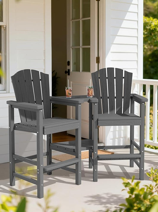 KINGYES Tall Adirondack Chair Set of 2 with 9FT Umbrella, All-Weather HDPE Outdoor Adirondack Barstools with Removable Double Connecting Trays, High Airondack Chair with Wood Grain, Gray