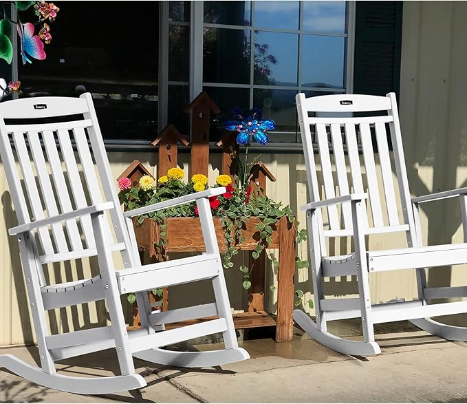 FUNBERRY Outdoor Rocking Chairs Set of 2, HDPE All Weather Poly Lumber Rocker, High Back Patio Rockers Easy Assembly