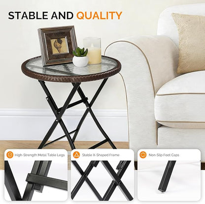 VINGLI 23.6in Modern Brown Rattan Folding Glass Outdoor Side Table, Small Patio Table with Tempered Glass Top,Round,1 Pack