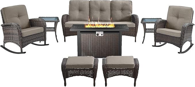 Belord Patio Furniture Set with Fire Pit Table - 8 Piece Outdoor Wicker Furniture Set with 43" 50000 BTU Propane Fire - Photo 1