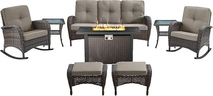 Belord Patio Furniture Set with Fire Pit Table - 8 Piece Outdoor Wicker Furniture Set with 43" 50000 BTU Propane Fire Pit and Rocking Chairs Patio Conversation Set for Deck Outside Backyard Grey