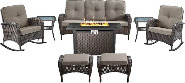 Belord Patio Furniture Set with Fire Pit Table - 8 Piece Outdoor Wicker Furniture Set with 43" 50000 BTU Propane Fire - Photo 1