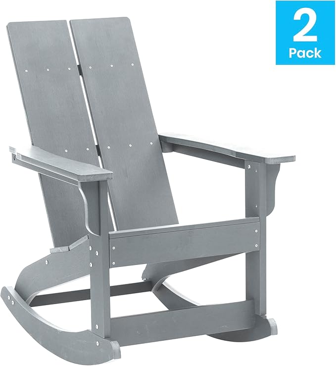 Flash Furniture Finn Modern Commercial Poly Resin Wood Adirondack Rocking Chair - All Weather Gray Polystyrene - Dual Slat Back - Stainless Steel Hardware - Set of 2