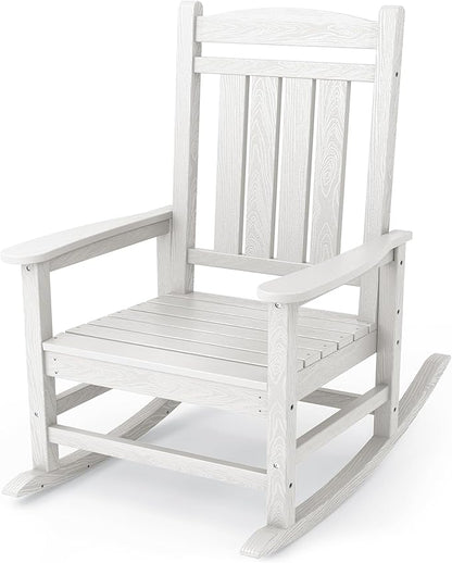 KINGYES HDPE Outdoor Rocking Chair, Widened Seat Patio Rocking Chair, Oversized All Weather Patio Rocker, White