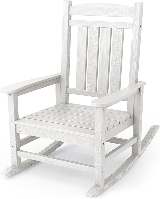 KINGYES HDPE Outdoor Rocking Chair, Widened Seat Patio Rocking Chair, Oversized All Weather Patio Rocker, White