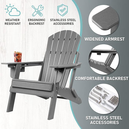 FUNBERRY Folding Adirondack Chairs Set of 2 with Adjustable Backrest, HDPE All Weather Fire Pit Chairs with Cup Holder