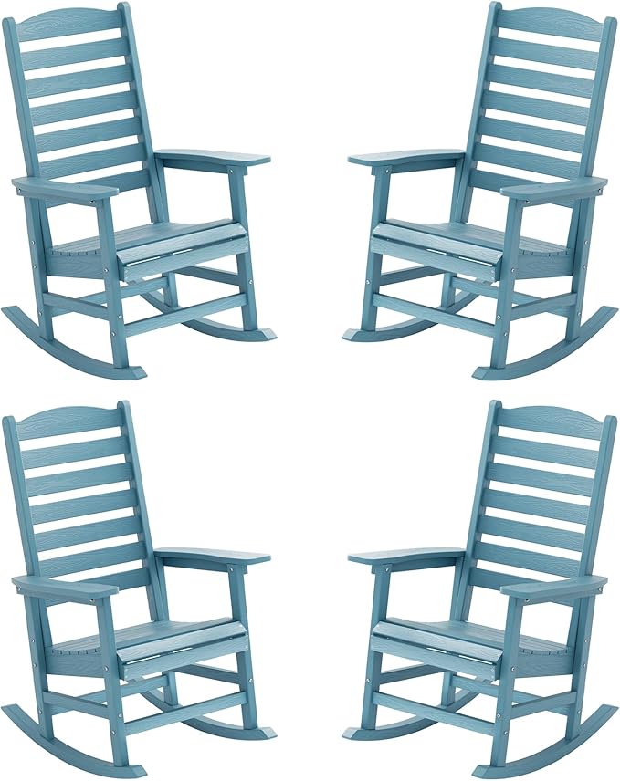YEFU Outdoor Rocking Chair Set of 4,Poly Porch Rocker with Curved Backrest,All Weather Patio Rocking Chair,Like Real Wood,for Indoor,Lawn, Backyard,Garden,Heavy Duty,Weight Capacity 380lbs(Blue)