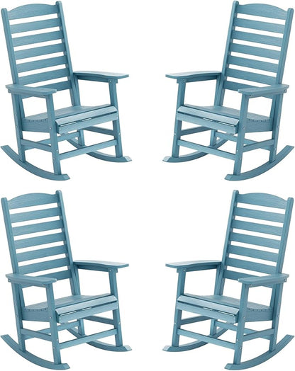 YEFU Outdoor Rocking Chair Set of 4,Poly Porch Rocker with Curved Backrest,All Weather Patio Rocking Chair,Like Real Wood,for Indoor,Lawn, Backyard,Garden,Heavy Duty,Weight Capacity 380lbs(Blue)