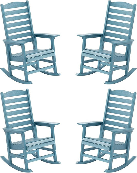 YEFU Outdoor Rocking Chair Set of 4,Poly Porch Rocker with Curved Backrest,All Weather Patio Rocking Chair,Like Real Wood,for Indoor,Lawn, Backyard,Garden,Heavy Duty,Weight Capacity 380lbs(Blue)