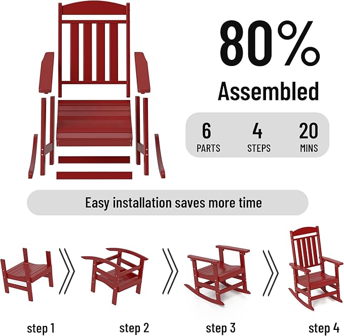 Outdoor Rocking Chairs Set of 8, Oversized High Back Patio Rocking Chairs, All Weather Porch Rocking Chairs for Outside. Red