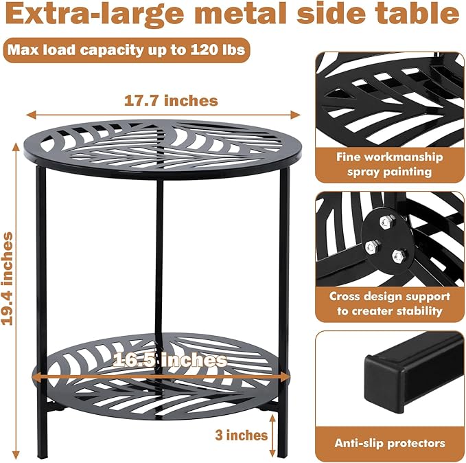 17.7" Two-tiered Metal Round Side Tables Extra-large Black Outside End Table for Patio Round Accent Garden Corner Stand - Photo 2