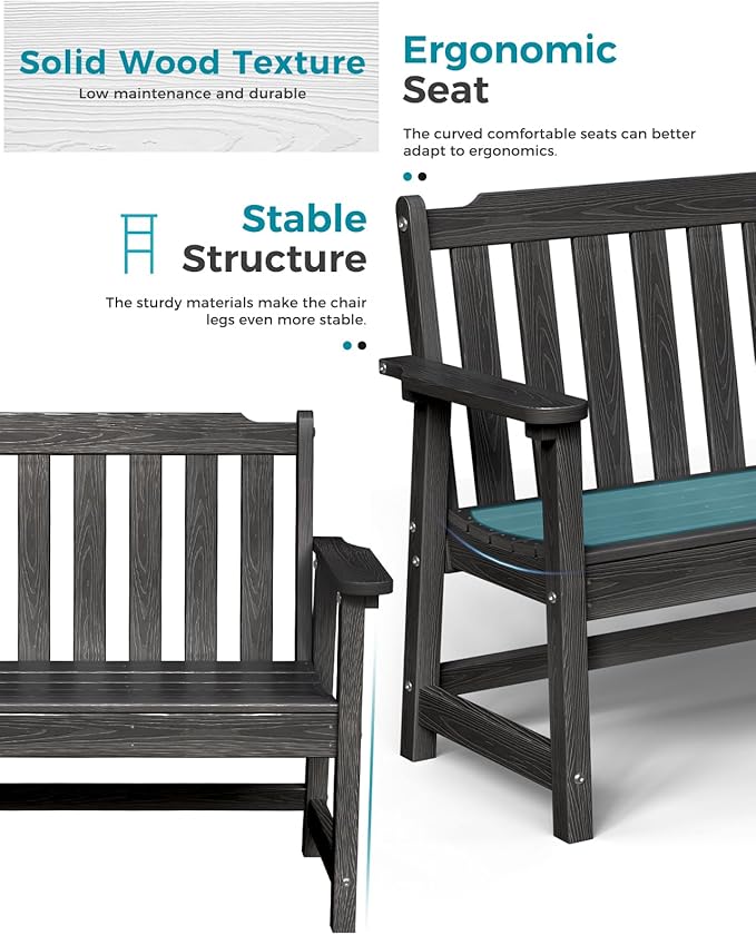 Outdoor Bench, 2-Person HDPE Garden Bench, All Weather Poly Patio Bench for Outdoors, Garden, Backyard, Porch and Park, 660 lbs Weight Capacity, Black, 2 Pack