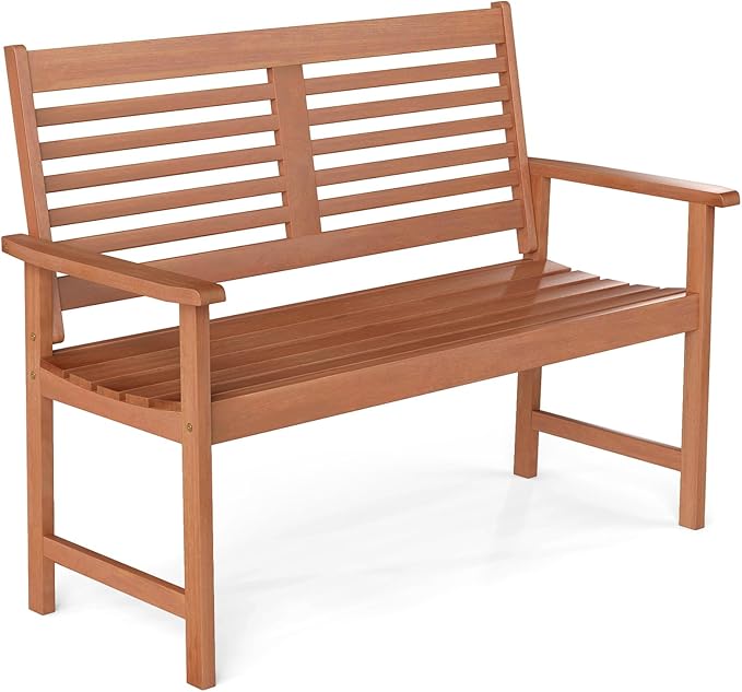 Tangkula Wood Outdoor Bench, 2-Person Patio Bench with Ergonomic Backrest & Armrests, Slatted Seat, Teak Oil Finish, for Front Porch, Backyard, Park, Loads up to 660 LBS