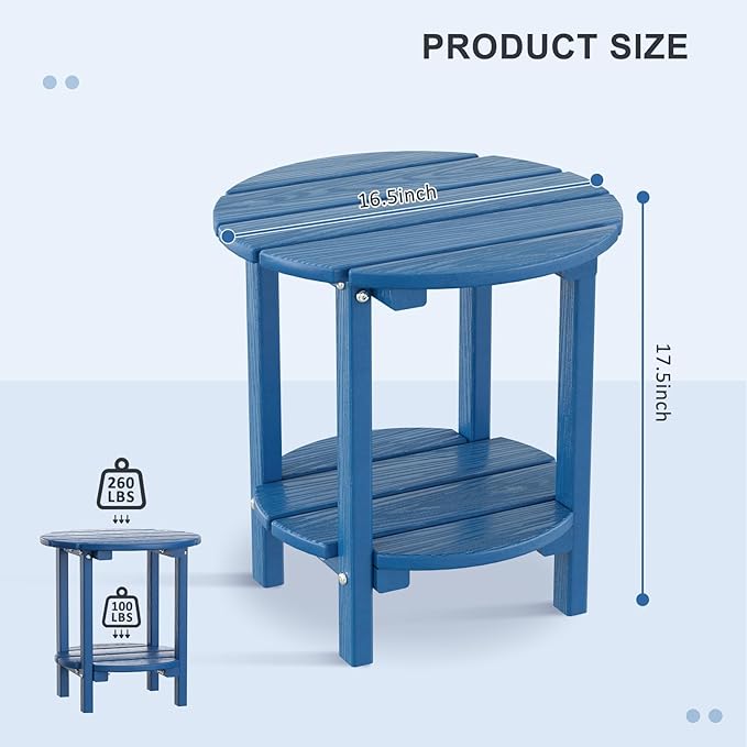 2 Tier Round Outdoor Side Table with Wood-Like Grain, HDPE Adirondack Table Patio Side Table, Weather Resistant End Table for Pool, Patio & Porch, Small Outdoor Table (Navy Blue, Round)