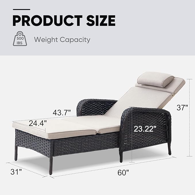 Belord Outdoor Chaise Lounge Patio Recliner - 75 Inch Adjustable Wicker Chaise Lounge with Soft Pillow Removable Cushions, All Weather Rattan Pool Lounge Chair for Poolside Deck Brown/Beige