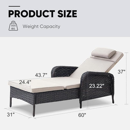 Belord Outdoor Chaise Lounge Patio Recliner - 75 Inch Adjustable Wicker Chaise Lounge with Soft Pillow Removable Cushions, All Weather Rattan Pool Lounge Chair for Poolside Deck Brown/Beige