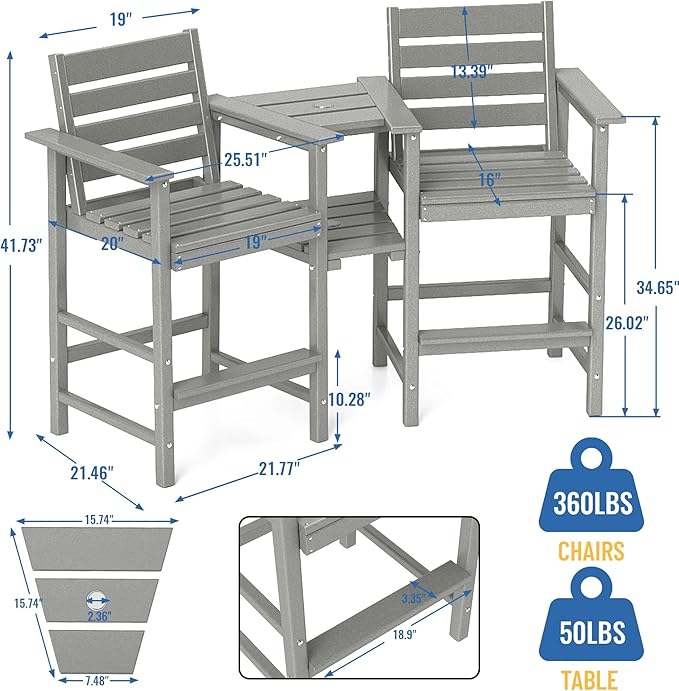 Tall Adirondack Chair Set of 2 ,HDPE Adirondack Bar Stools with Removable Connecting Trays ,Weather Resistant Balcony Chair,Outdoor Adirondack Bar Chairs for Patio,Pool,Garden, Backyard 360LBS Grey