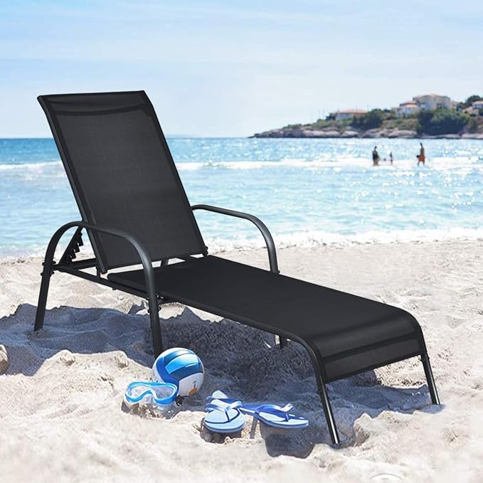 Giantex 2 Pcs Chaise Lounge Chair, Adjustable Reclining Lounge Chairs Patio Furniture, Backyard Lawn Sling Chaise w/Adjustable Back, Folding Recliners for Outdoor Beach Yard Pool (Black)