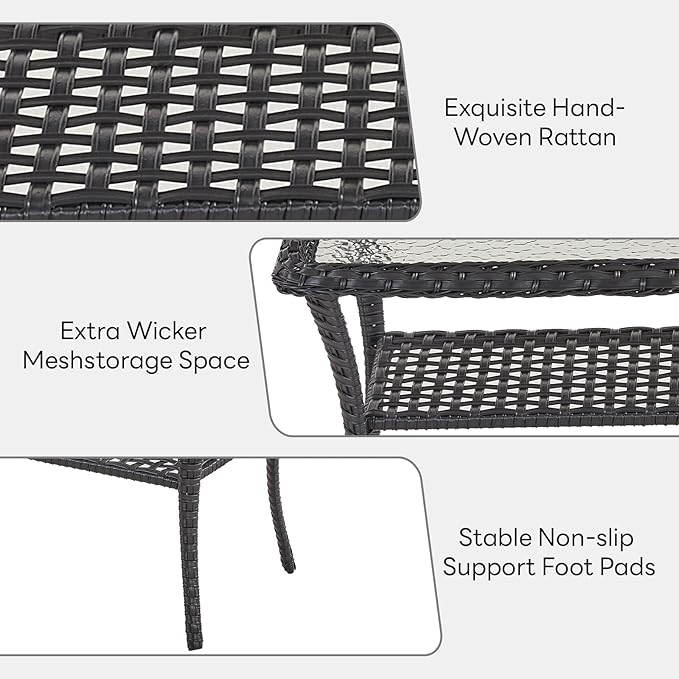 Belord 38 Inch Outdoor Coffee Table with 2 Tier Storage - Wicker Coffee Table with Water Ripple Texture Tempered Glass Top, All Weather Patio Coffee Table for Deck Porch Balcony Garden Black