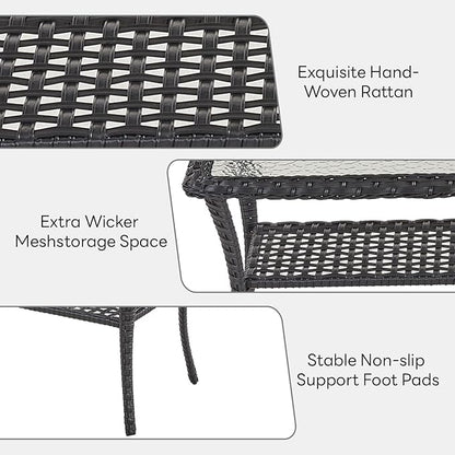 Belord 38 Inch Outdoor Coffee Table with 2 Tier Storage - Wicker Coffee Table with Water Ripple Texture Tempered Glass Top, All Weather Patio Coffee Table for Deck Porch Balcony Garden Black