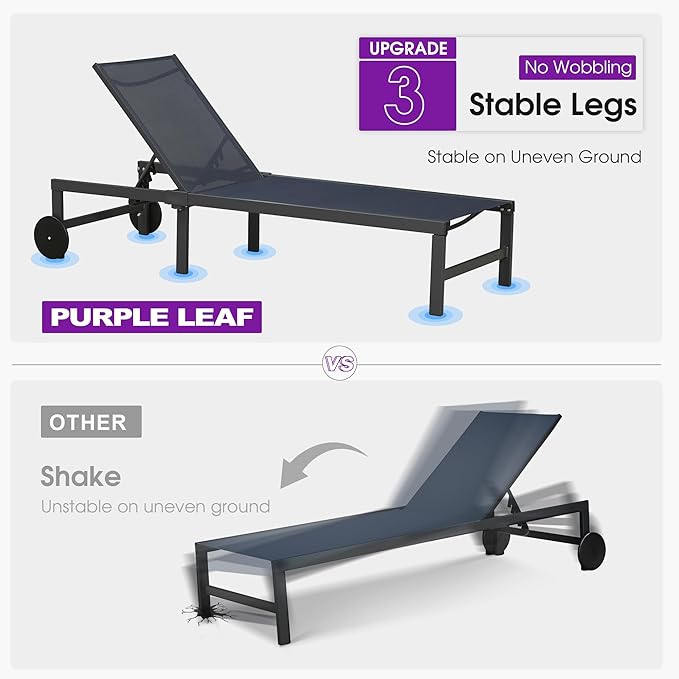 PURPLE LEAF Outdoor Chaise Lounge Chairs Set Recliner Adjustable Chair with Wheels and Table for Poolside Beach Patio Aluminum Reclining Sunbathing Lounger, Navy Blue
