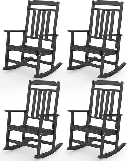 GREENVINES Outdoor-Rocking-Chairs-Set-of-4 | HDPE Plastic | Patio Rockers | Porch Rocker Chair | Oversized | High Back | Big & Tall | Black