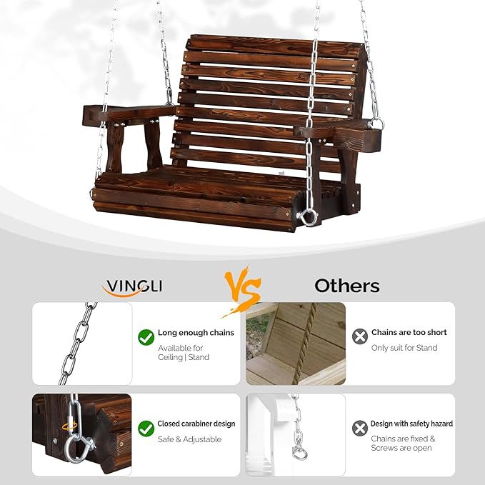 VINGLI Heavy Duty 440 LBS 1-Person Wooden Patio Porch Swing with Deeper Seat & Higher Backrest & Extra Cup Holder for Adults & Kids, Outdoor Single Porch Swing for Porch, Yard, Balcony, Tree (Rustic)