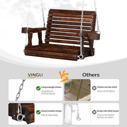 VINGLI Heavy Duty 440 LBS 1-Person Wooden Patio Porch Swing with Deeper Seat & Higher Backrest & Extra Cup Holder for Adults & Kids, Outdoor Single Porch Swing for Porch, Yard, Balcony, Tree (Rustic)
