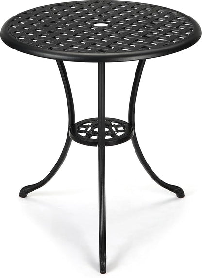 24"Patio Bistro Table Round Outdoor Coffee Table, Small Patio Side Table with 2" Umbrella Hole, Sturdy Iron Frame,Cast Aluminum OutdoorCoffee & Dining Table for Balcony, Backyard, Lawn & Garden,Black