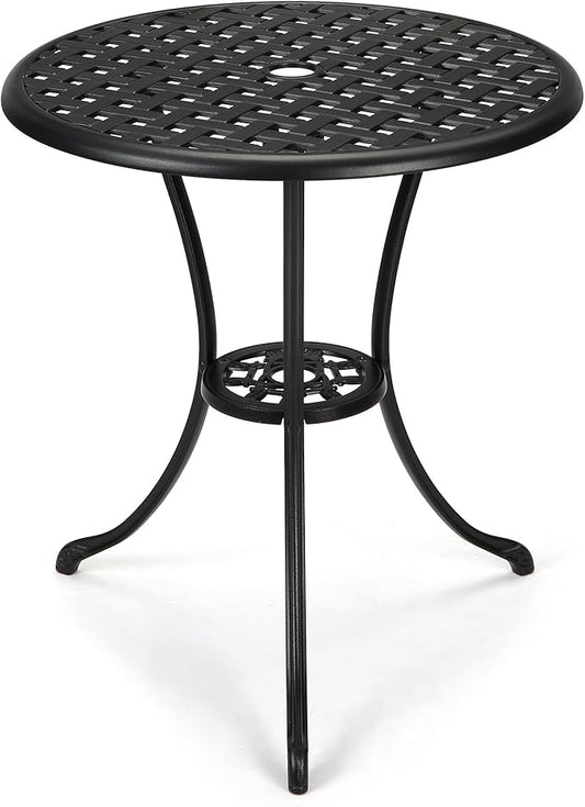24"Patio Bistro Table Round Outdoor Coffee Table, Small Patio Side Table with 2" Umbrella Hole, Sturdy Iron Frame,Cast Aluminum OutdoorCoffee & Dining Table for Balcony, Backyard, Lawn & Garden,Black