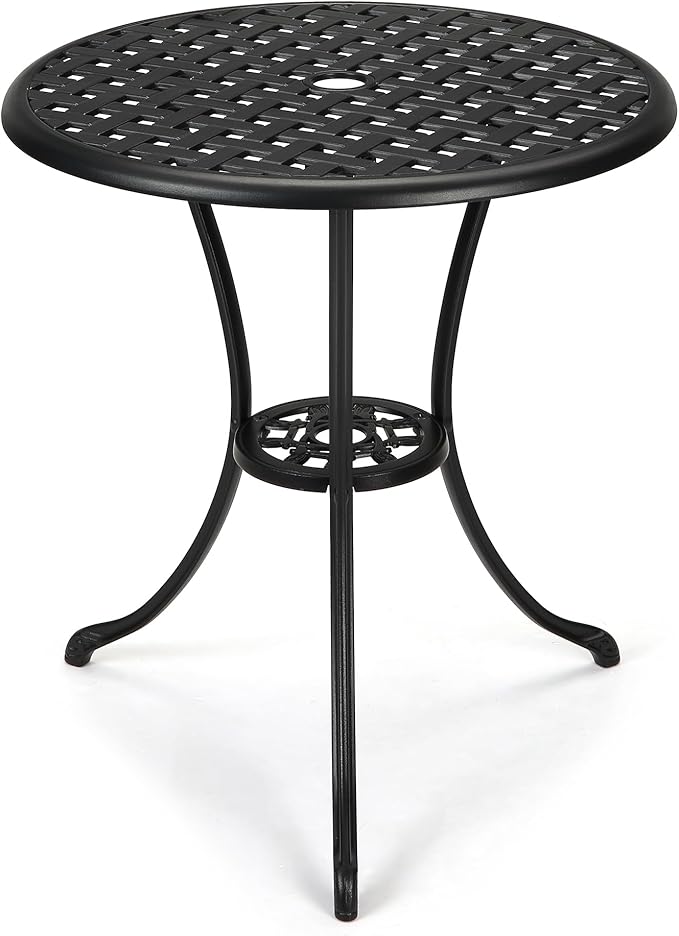 24 Inch Round Cast Aluminum Bistro Table - Outdoor Patio Coffee Table with Umbrella Hole, Weather-Resistant Metal Side Table for Garden, Poolside, Balcony - Bronze Finish