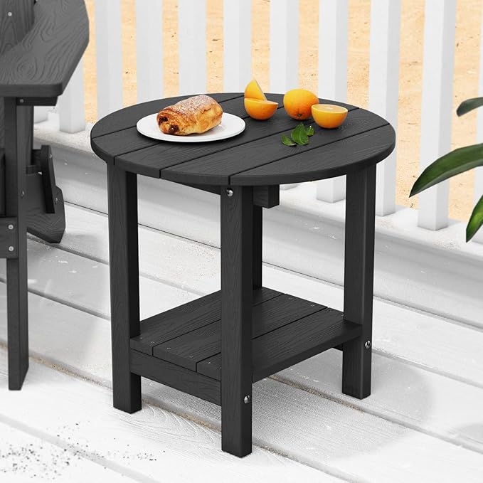 MXIMU Round Outdoor Side Table Adirondack Tables 18 Inch Chairside End Tables with Storage Shelf, 2-Tier Plastic Patio Side Table, Weather Resistant for Balcony Backyard Lawn (Black, 2 Pack)